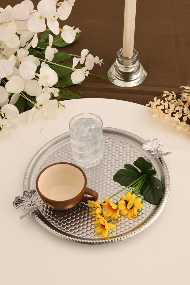 Iren Yuvarlak Petek Model Kelebek Detaylı Sunum Tepsisi Gümüş 1 Adet