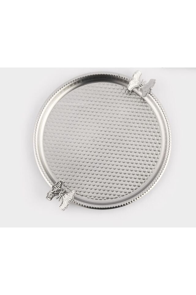 Iren Yuvarlak Petek Model Kelebek Detaylı Sunum Tepsisi Gümüş 1 Adet
