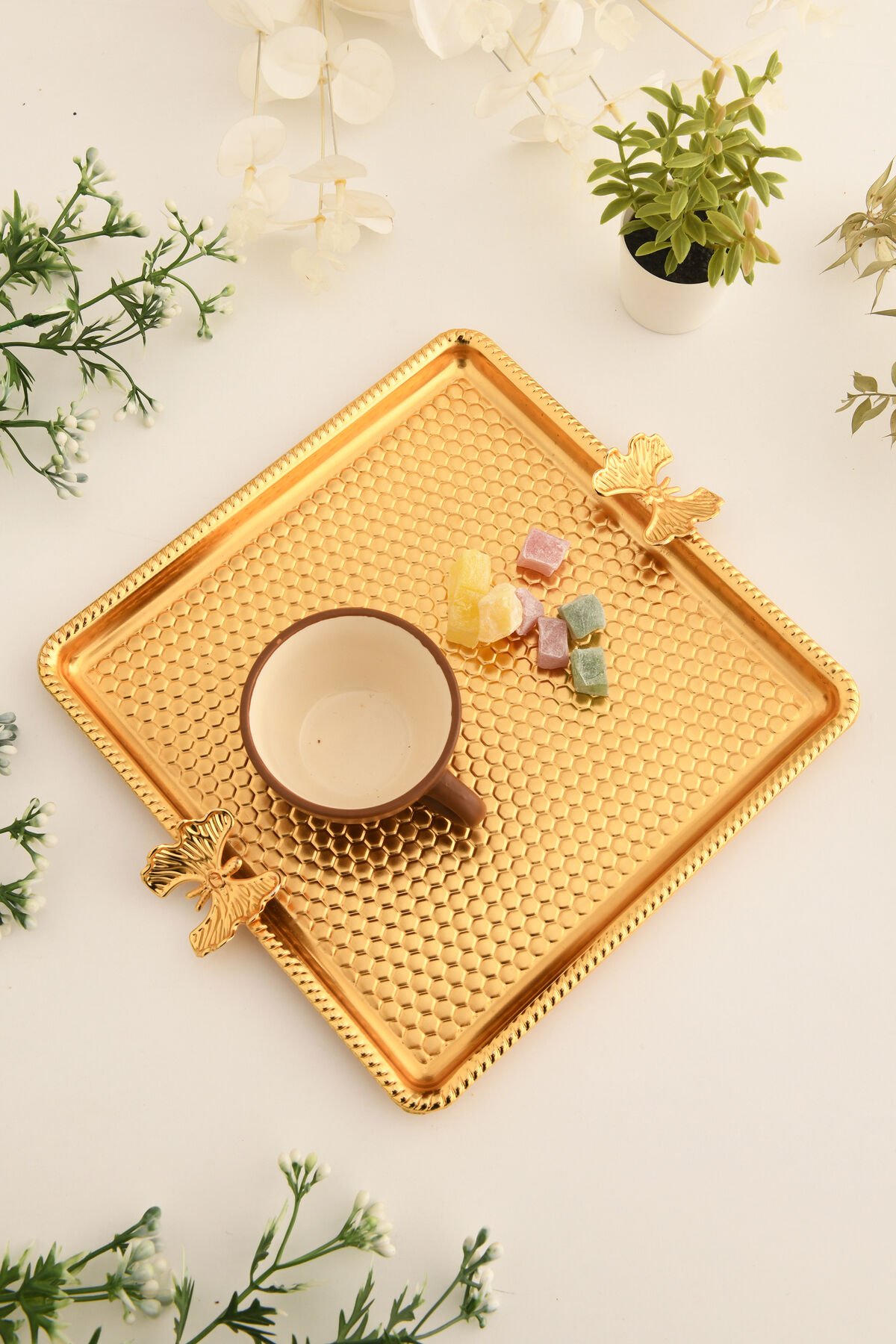 Karev Kare Petek Model Kelebek Detaylı Sunum Tepsisi Gold 1 Adet