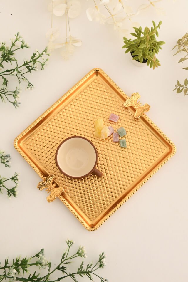 Karev Kare Petek Model Kelebek Detaylı Sunum Tepsisi Gold 1 Adet