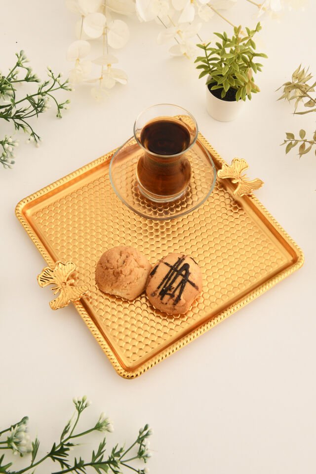 Karev Kare Petek Model Kelebek Detaylı Sunum Tepsisi Gold 1 Adet