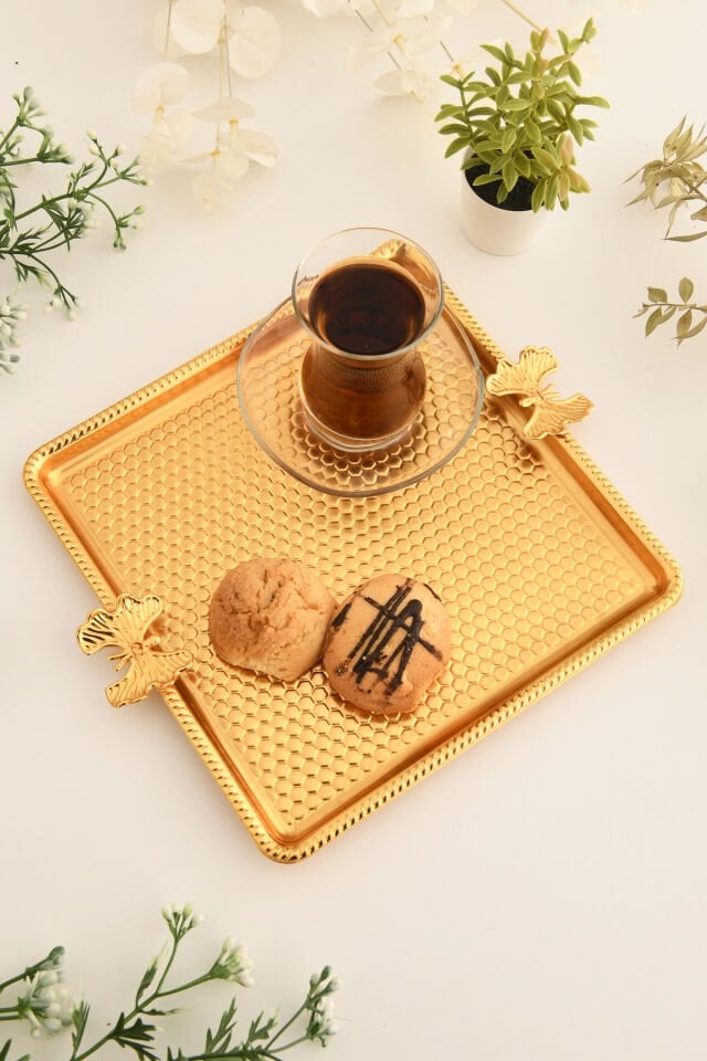 Karev Kare Petek Model Kelebek Detaylı Sunum Tepsisi Gold 1 Adet