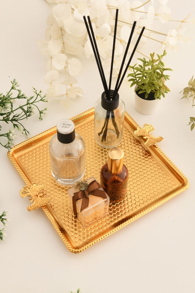 Karev Kare Petek Model Kelebek Detaylı Sunum Tepsisi Gold 1 Adet