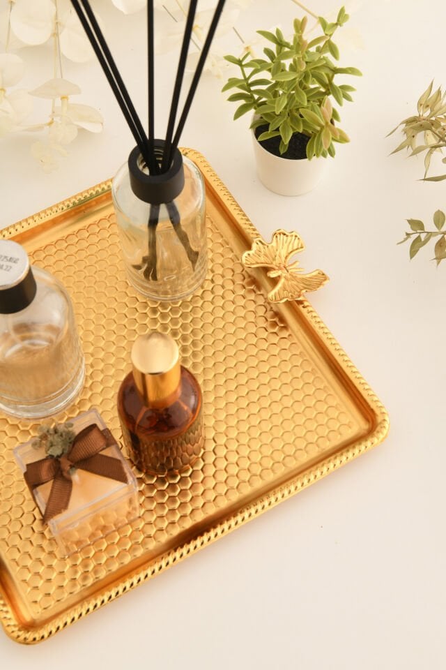 Karev Kare Petek Model Kelebek Detaylı Sunum Tepsisi Gold 1 Adet