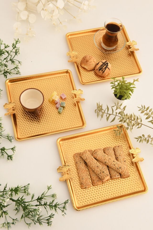 Karev Kelebek Detaylı Kare Petek Sunum Tepsisi 3 Lü Takım