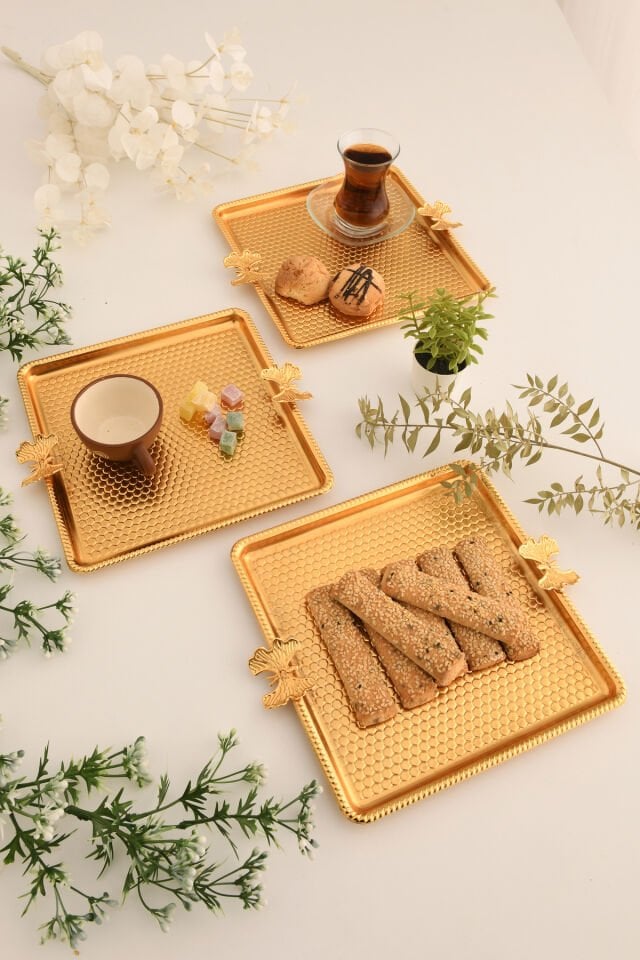 Karev Kelebek Detaylı Kare Petek Sunum Tepsisi 3 Lü Takım