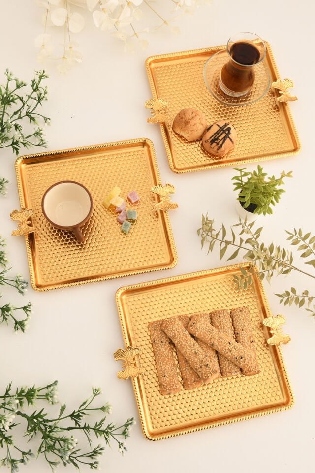 Karev Kelebek Detaylı Kare Petek Sunum Tepsisi 3 Lü Takım