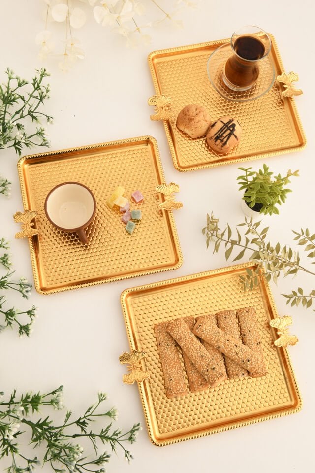 Karev Kelebek Detaylı Kare Petek Sunum Tepsisi 3 Lü Takım