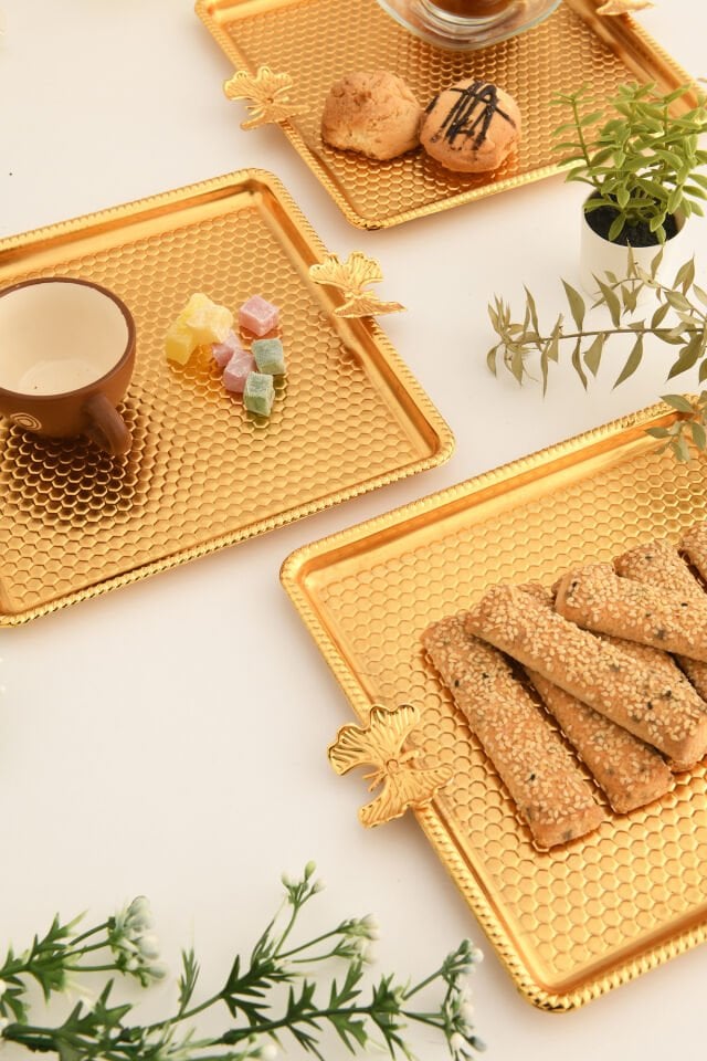 Karev Kelebek Detaylı Kare Petek Sunum Tepsisi 3 Lü Takım