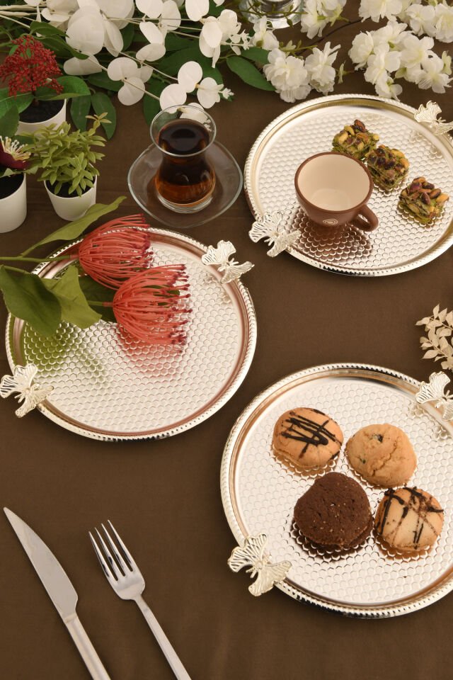 Iren Yuvarlak Petek Model Kelebek Detaylı Sunum Tepsisi 3 Lü Takım