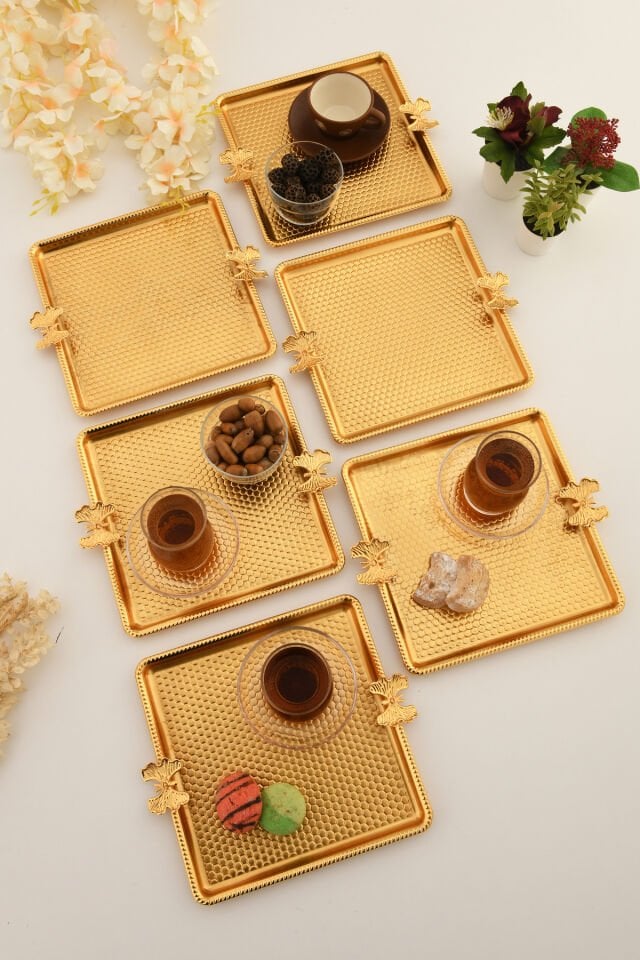 Karev Kare Kelebek Detaylı Sunum Tepsisi 6 Lı Takım Gold