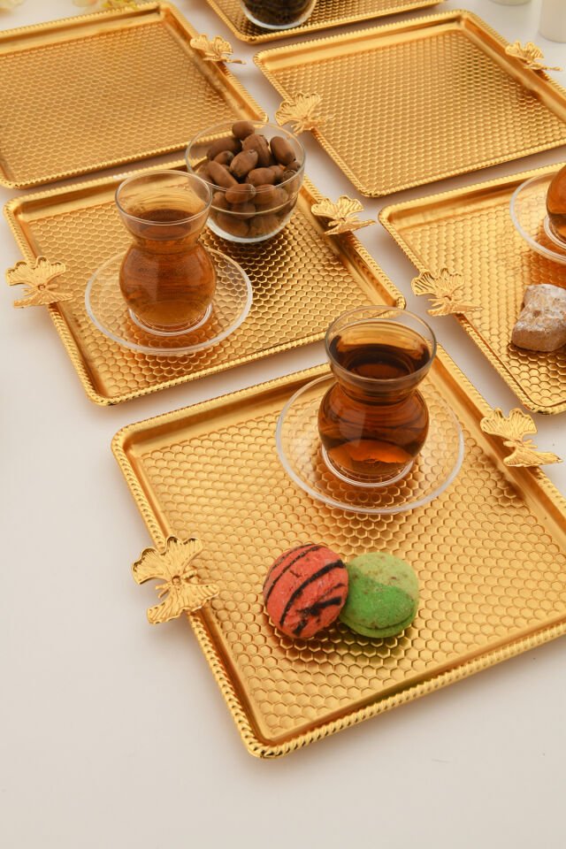 Karev Kare Kelebek Detaylı Sunum Tepsisi 6 Lı Takım Gold