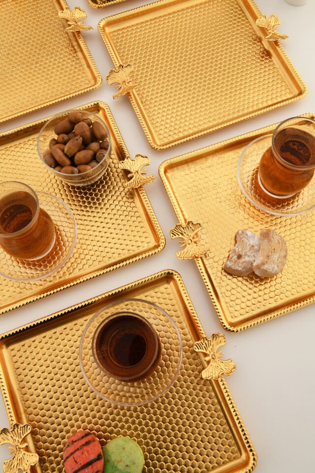 Karev Kare Kelebek Detaylı Sunum Tepsisi 6 Lı Takım Gold