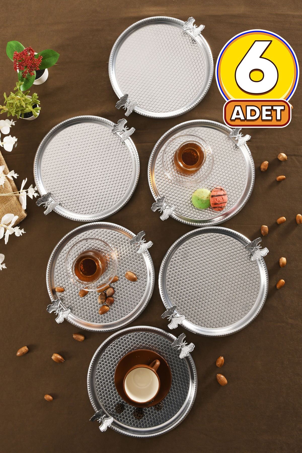 Iren Yuvarlak Petek Model Kelebek Detaylı Sunum Tepsisi Gümüş 6 Lı Takım