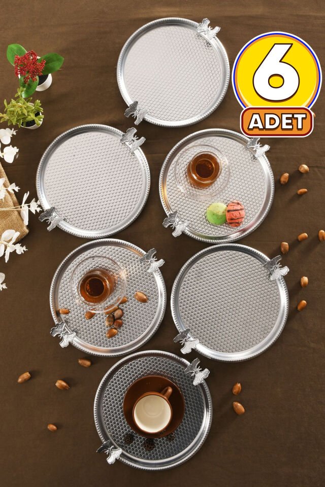 Iren Yuvarlak Petek Model Kelebek Detaylı Sunum Tepsisi Gümüş 6 Lı Takım