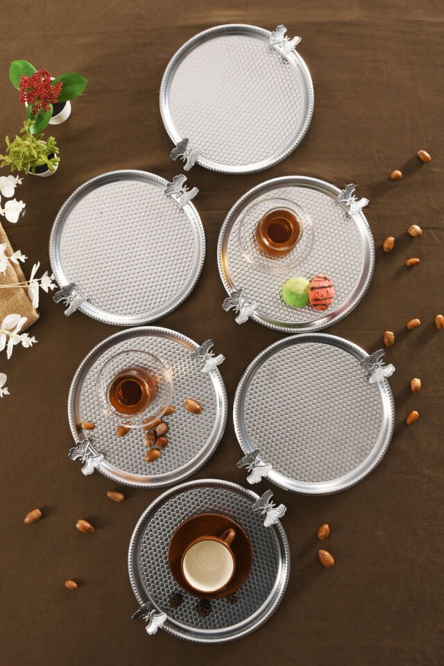 Iren Yuvarlak Petek Model Kelebek Detaylı Sunum Tepsisi Gümüş 6 Lı Takım