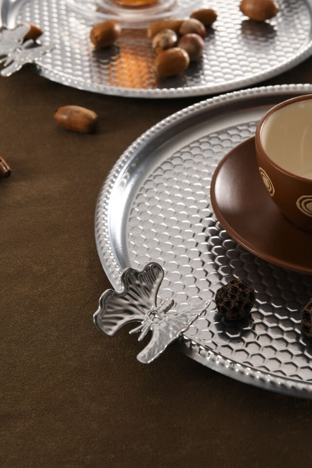 Iren Yuvarlak Petek Model Kelebek Detaylı Sunum Tepsisi Gümüş 6 Lı Takım