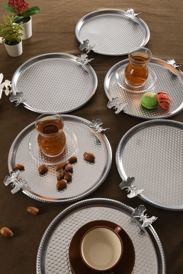 Iren Yuvarlak Petek Model Kelebek Detaylı Sunum Tepsisi Gümüş 6 Lı Takım