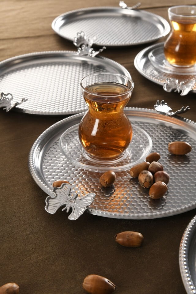 Iren Yuvarlak Petek Model Kelebek Detaylı Sunum Tepsisi Gümüş 6 Lı Takım