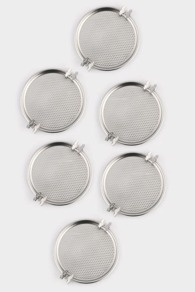 Iren Yuvarlak Petek Model Kelebek Detaylı Sunum Tepsisi Gümüş 6 Lı Takım