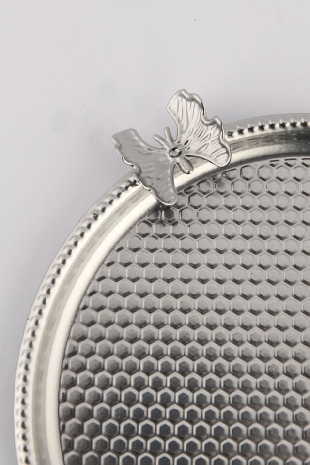 Iren Yuvarlak Petek Model Kelebek Detaylı Sunum Tepsisi Gümüş 6 Lı Takım