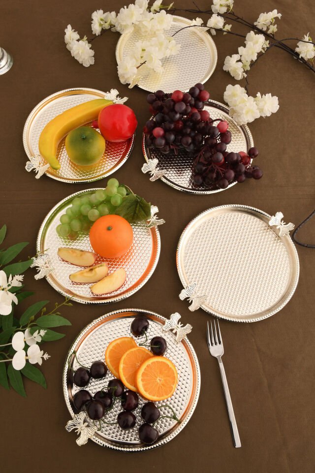 Iren Yuvarlak Petek Model Kelebek Detaylı Sunum Tepsisi Gümüş 6 Lı Takım