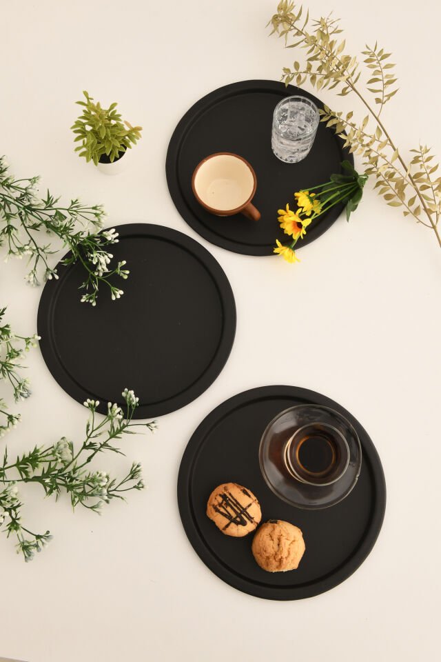 Dario Yuvarlak Dekoratif Sunum Tepsisi Siyah 3 Lü Takım