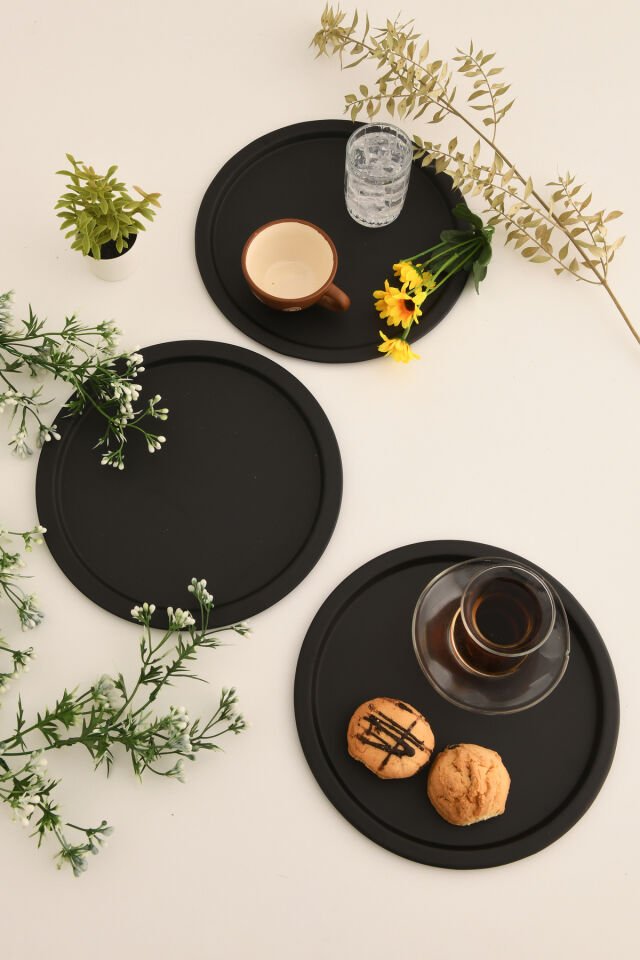 Dario Yuvarlak Dekoratif Sunum Tepsisi Siyah 3 Lü Takım