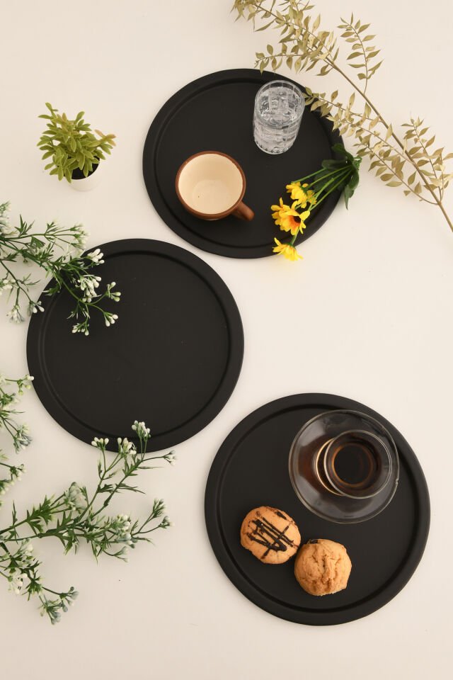 Dario Yuvarlak Dekoratif Sunum Tepsisi Siyah 3 Lü Takım