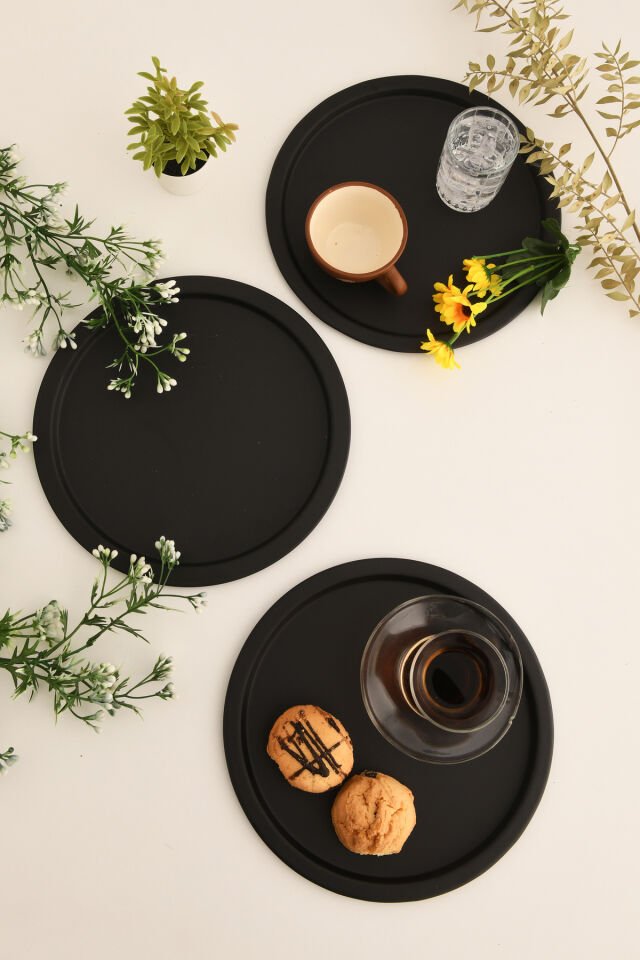 Dario Yuvarlak Dekoratif Sunum Tepsisi Siyah 3 Lü Takım