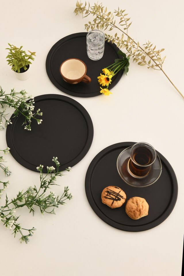 Dario Yuvarlak Dekoratif Sunum Tepsisi Siyah 3 Lü Takım