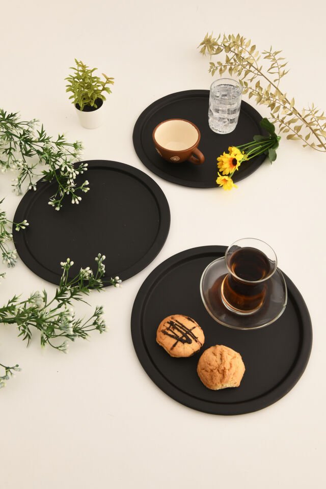 Dario Yuvarlak Dekoratif Sunum Tepsisi Siyah 3 Lü Takım