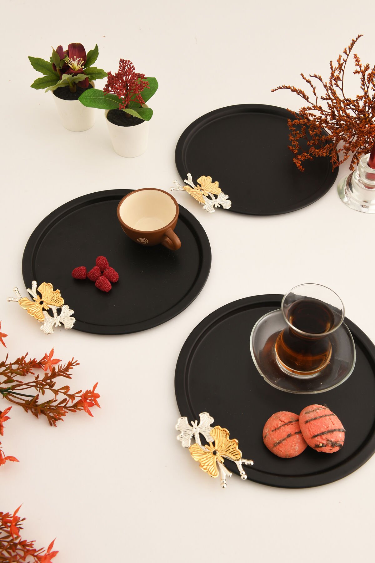 Alven Kelebek Detaylı Yuvarlak Dekoratif Sunum Tepsisi Siyah 3 Lü Takım