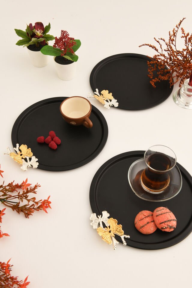 Alven Kelebek Detaylı Yuvarlak Dekoratif Sunum Tepsisi Siyah 3 Lü Takım