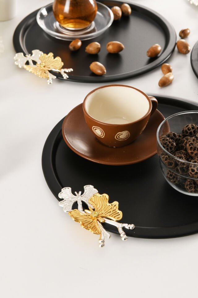 Alven Kelebek Detaylı Yuvarlak Dekoratif Sunum Tepsisi Siyah 3 Lü Takım