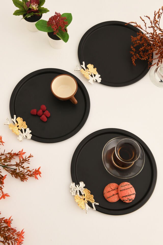 Alven Kelebek Detaylı Yuvarlak Dekoratif Sunum Tepsisi Siyah 3 Lü Takım