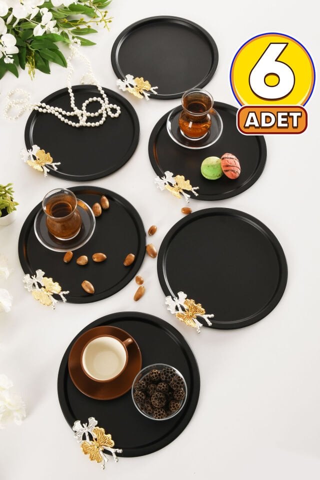 Alven Kelebek Detaylı Yuvarlak Dekoratif Sunum Tepsisi Siyah 6 Lı Takım