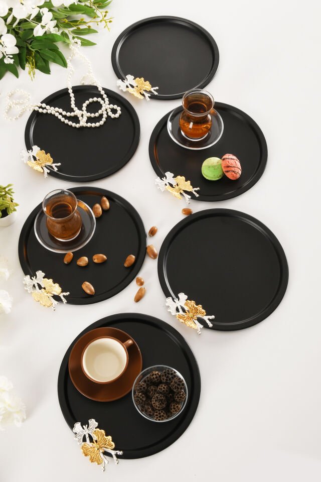 Alven Kelebek Detaylı Yuvarlak Dekoratif Sunum Tepsisi Siyah 6 Lı Takım