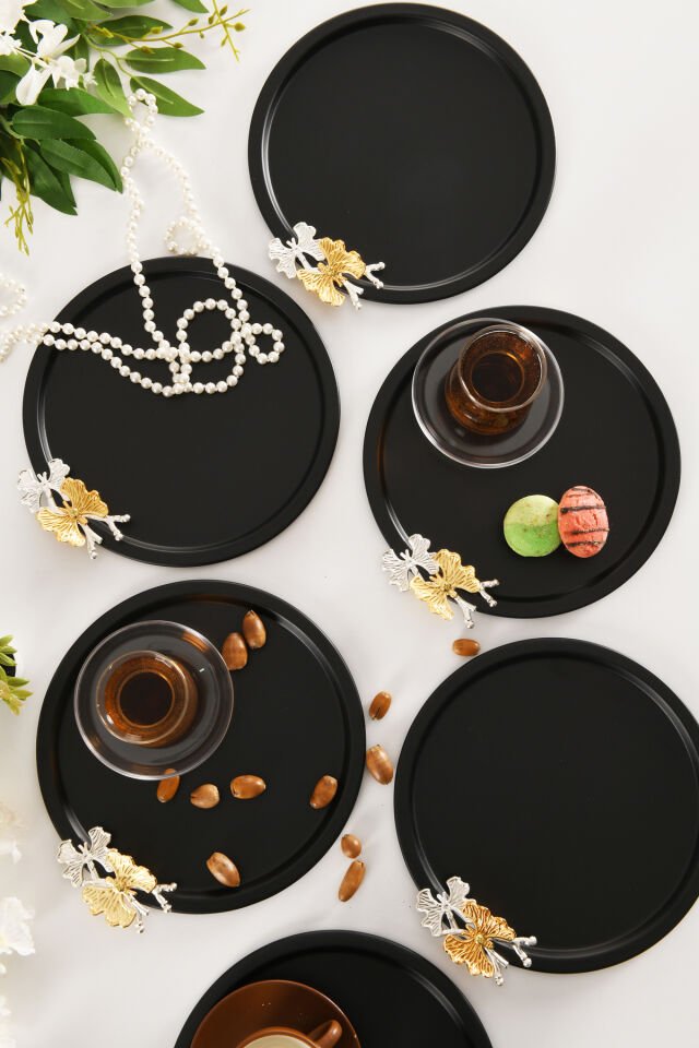 Alven Kelebek Detaylı Yuvarlak Dekoratif Sunum Tepsisi Siyah 6 Lı Takım