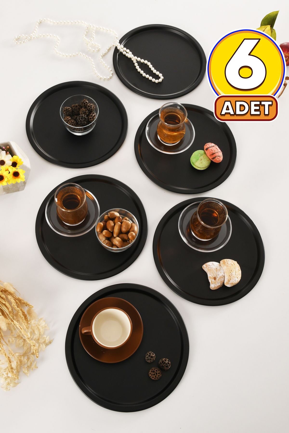 Dario Yuvarlak Dekoratif Sunum Tepsisi Siyah 6 Lı Takım