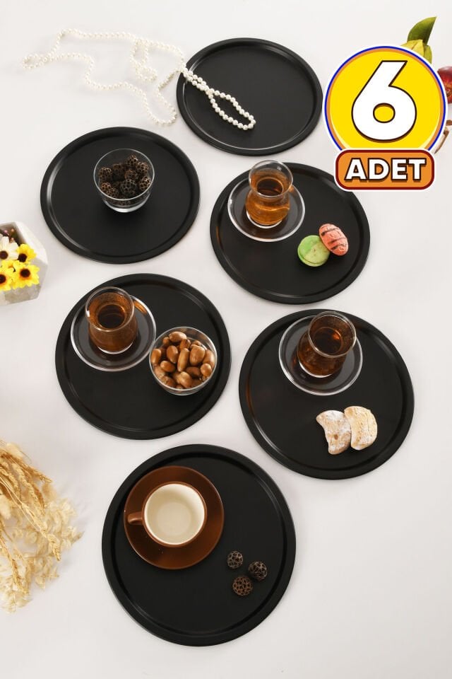 Dario Yuvarlak Dekoratif Sunum Tepsisi Siyah 6 Lı Takım
