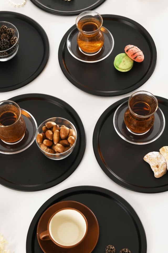 Dario Yuvarlak Dekoratif Sunum Tepsisi Siyah 6 Lı Takım