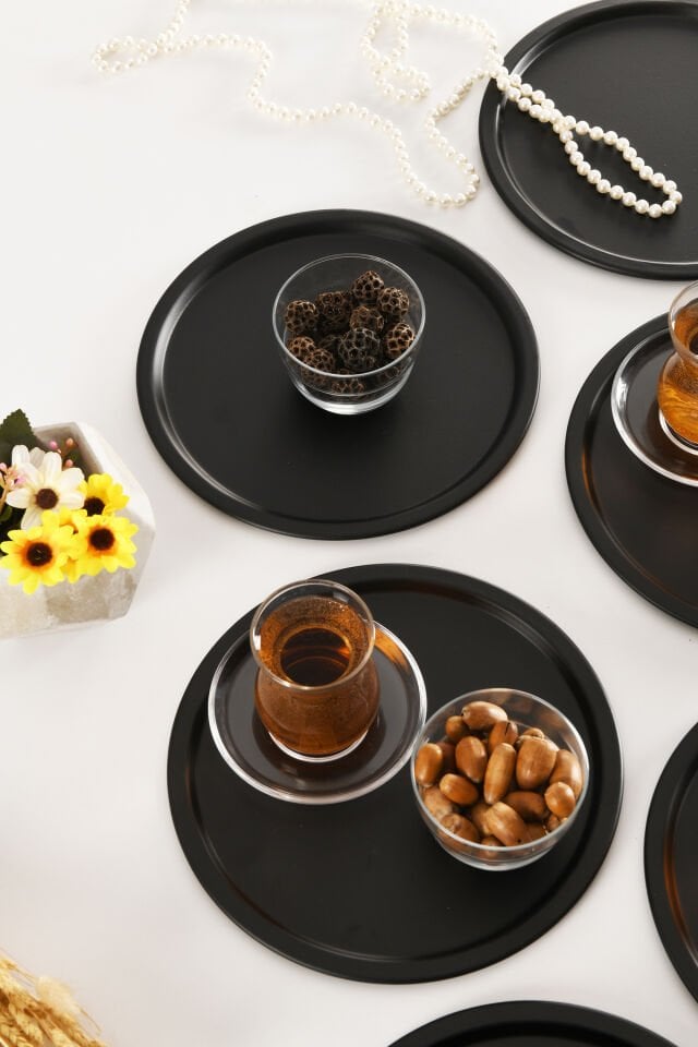 Dario Yuvarlak Dekoratif Sunum Tepsisi Siyah 6 Lı Takım