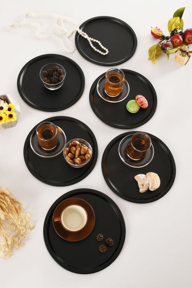 Dario Yuvarlak Dekoratif Sunum Tepsisi Siyah 6 Lı Takım