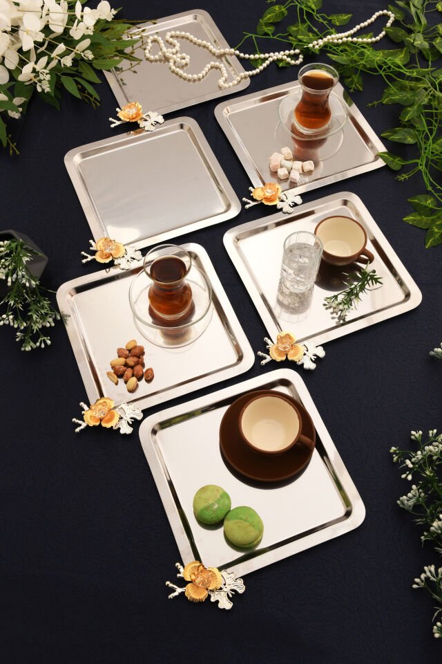 Voltren Paslanmaz 6 Lı Takım Kelebekli Kristal Taş Detaylı Paslanmaz Çok Amaçlı Sunum Tepsisi Gümüş