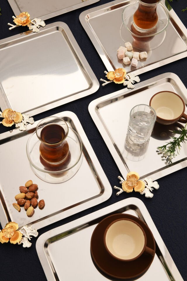 Voltren Paslanmaz 6 Lı Takım Kelebekli Kristal Taş Detaylı Paslanmaz Çok Amaçlı Sunum Tepsisi Gümüş