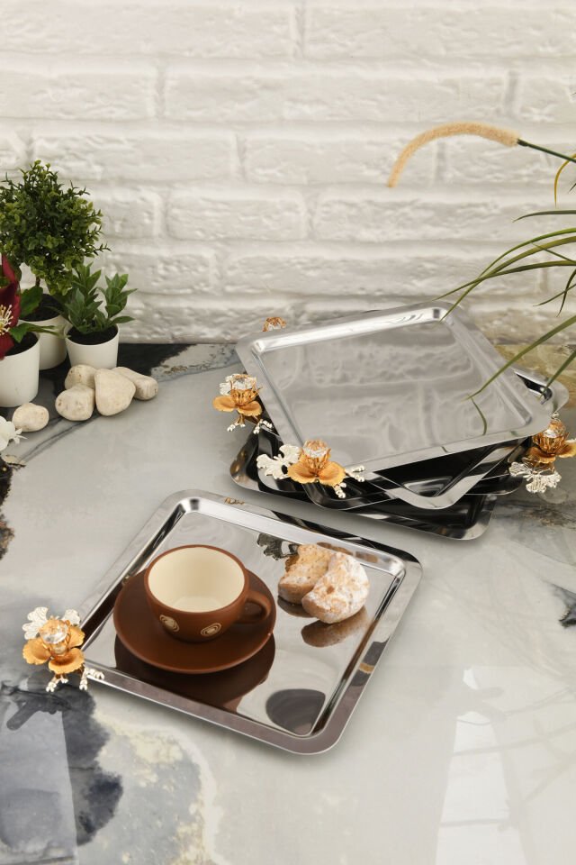 Voltren Paslanmaz 6 Lı Takım Kelebekli Kristal Taş Detaylı Paslanmaz Çok Amaçlı Sunum Tepsisi Gümüş