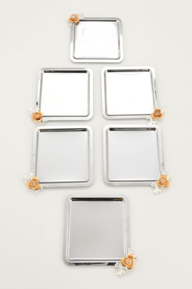 Voltren Paslanmaz 6 Lı Takım Kelebekli Kristal Taş Detaylı Paslanmaz Çok Amaçlı Sunum Tepsisi Gümüş