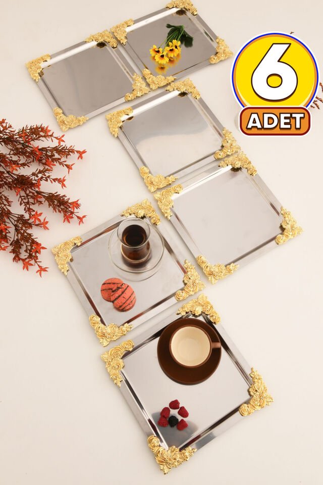 Alvio Paslanmaz Kare 4 Köşesi Sarı Çiçek Detaylı Sunum Tepsisi Gümüş 6 Lı Takım