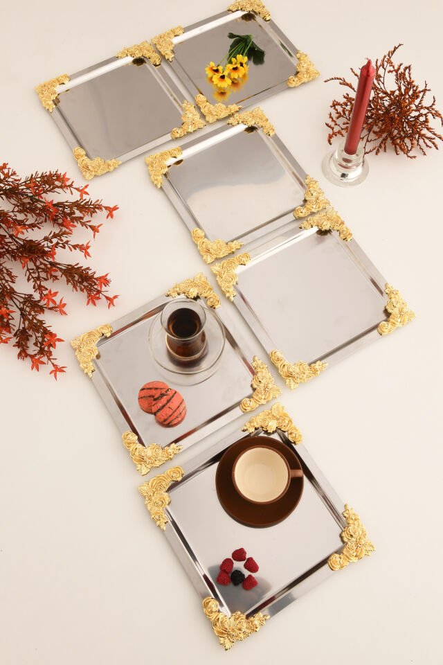 Alvio Paslanmaz Kare 4 Köşesi Sarı Çiçek Detaylı Sunum Tepsisi Gümüş 6 Lı Takım